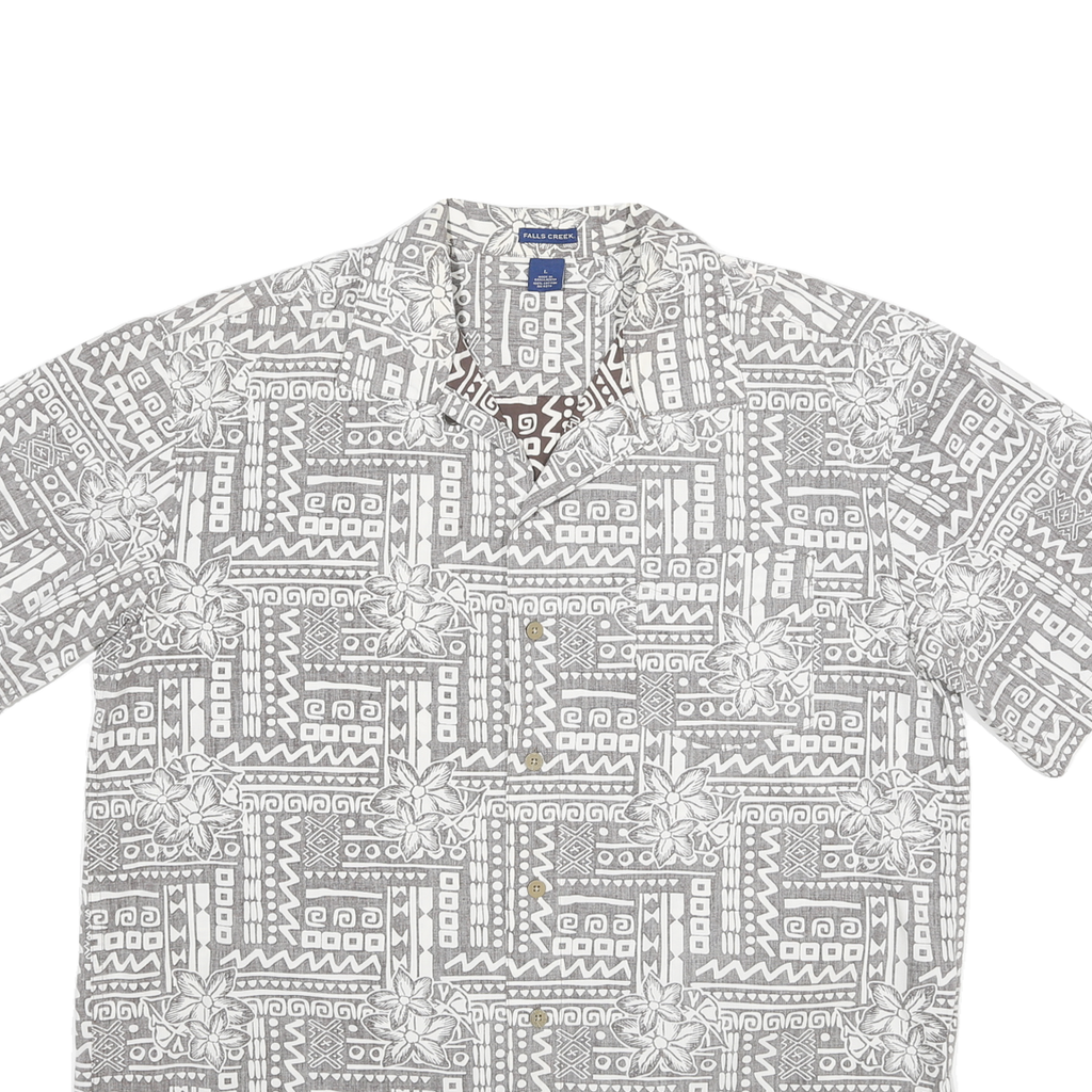 FALLS CREEK Mens Grey Cotton Shirt Jacket L Woven Geometric Floral Button