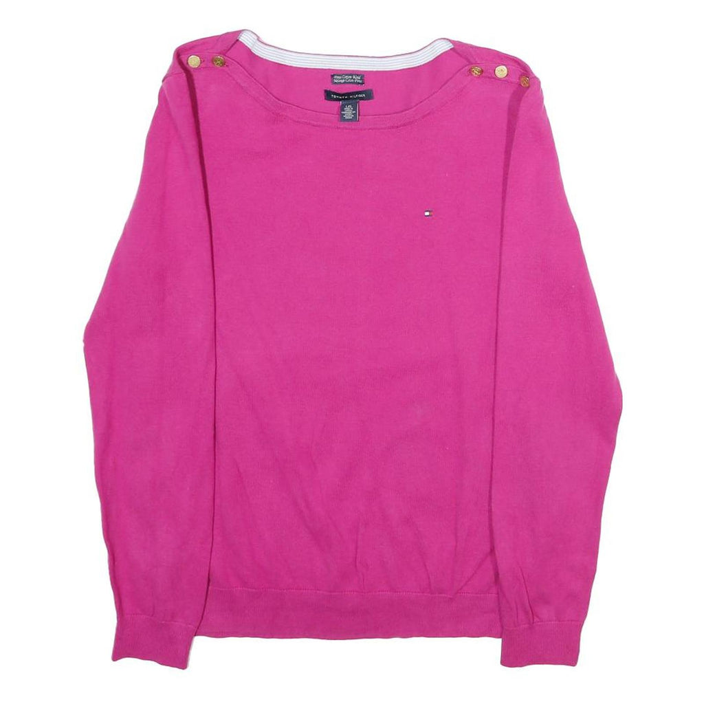 TOMMY HILFIGER Womens Pink Plain Crew Neck Basic Knit L Button Shoulder Jumpers