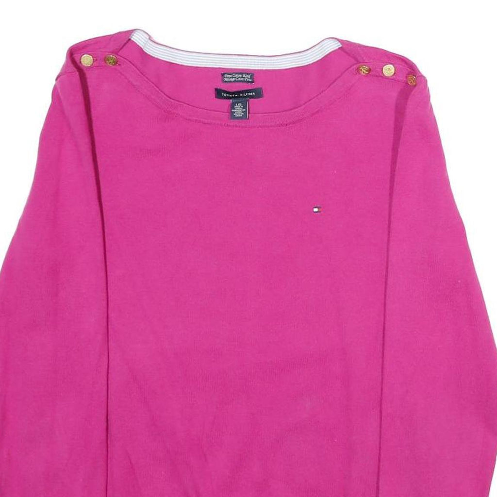 TOMMY HILFIGER Womens Pink Plain Crew Neck Basic Knit L Button Shoulder Jumpers