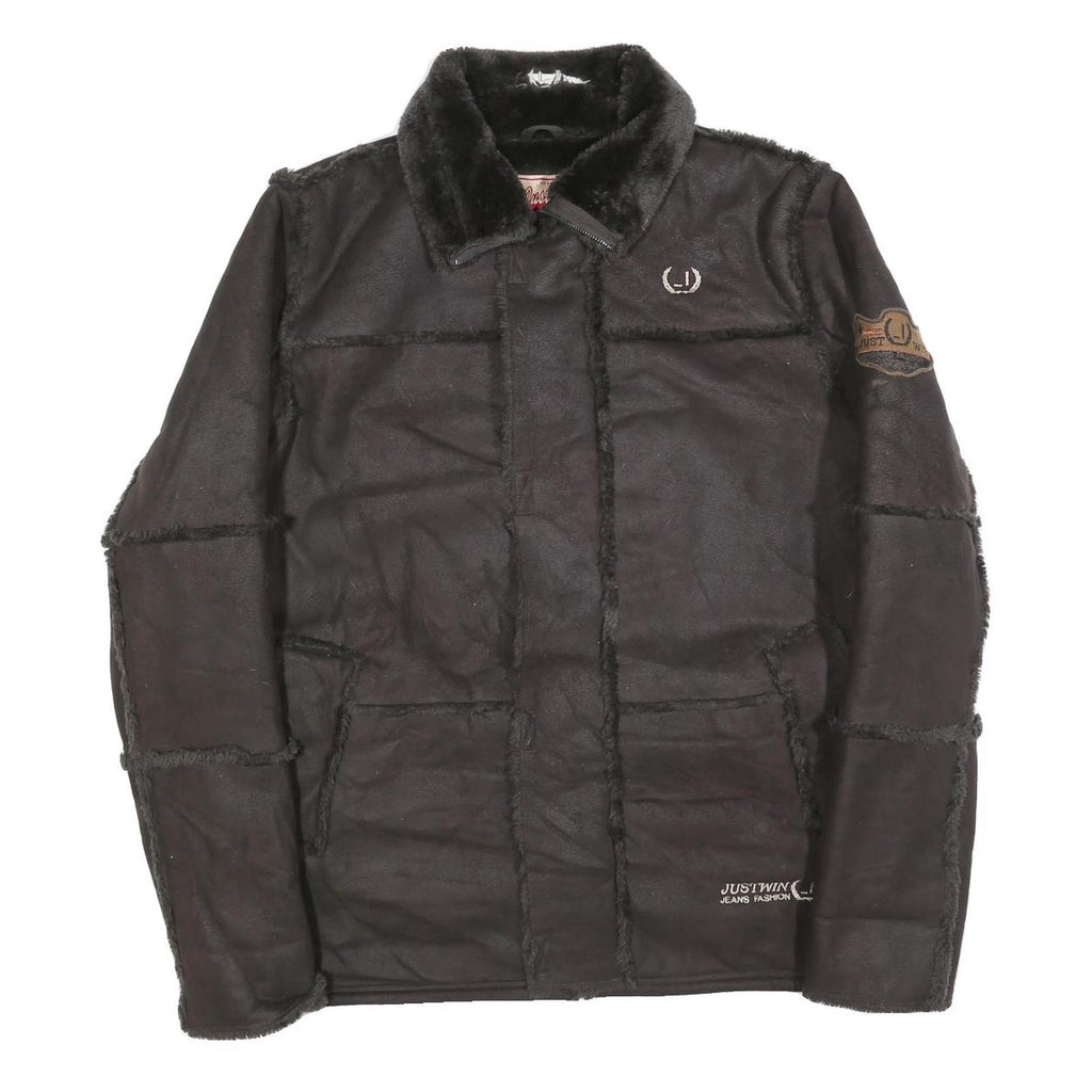 JUST WIN Womens Black Button Jacket L Polyester Blend Faux Shearling Warm