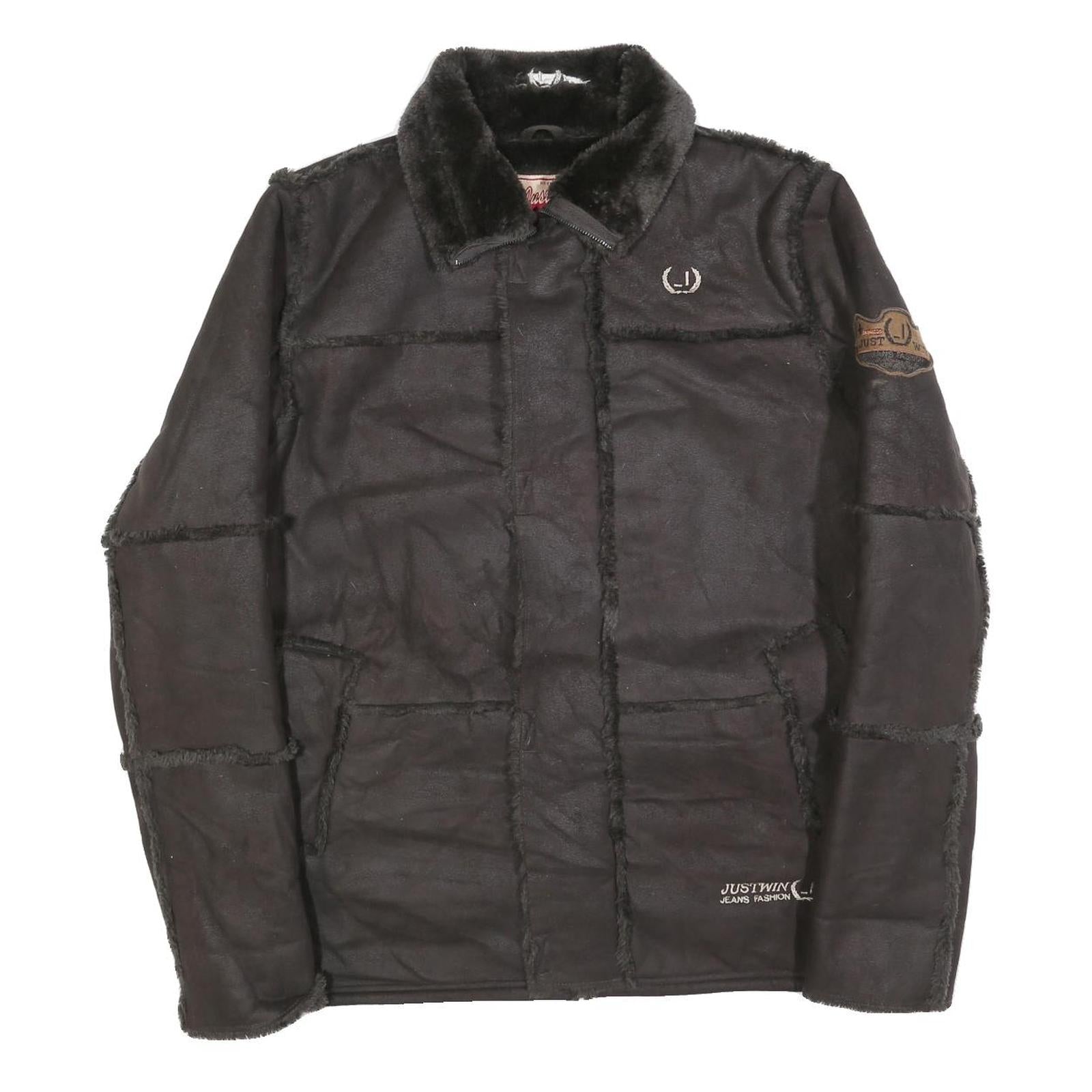 JUST WIN Womens Black Button Jacket L Polyester Blend Faux Shearling Warm