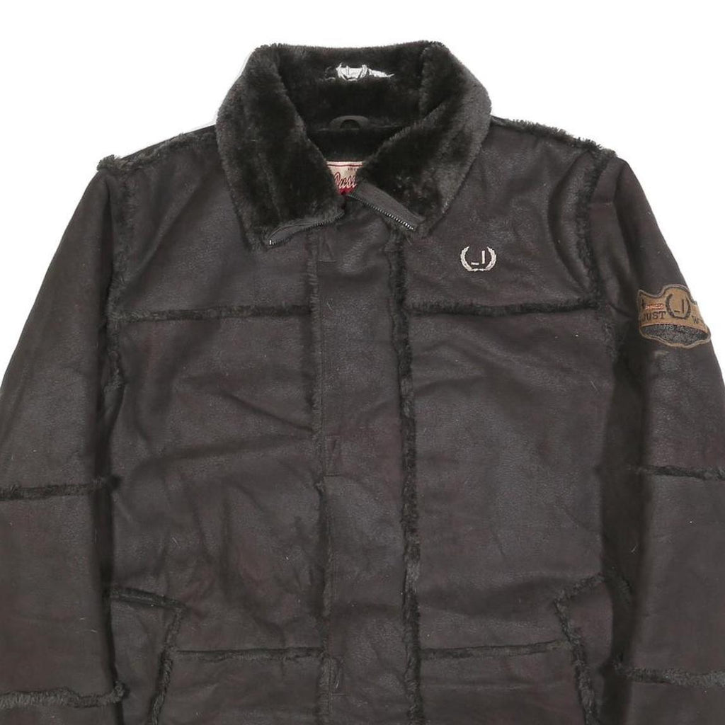 JUST WIN Womens Black Button Jacket L Polyester Blend Faux Shearling Warm