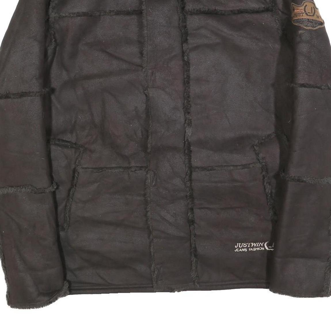 JUST WIN Womens Black Button Jacket L Polyester Blend Faux Shearling Warm