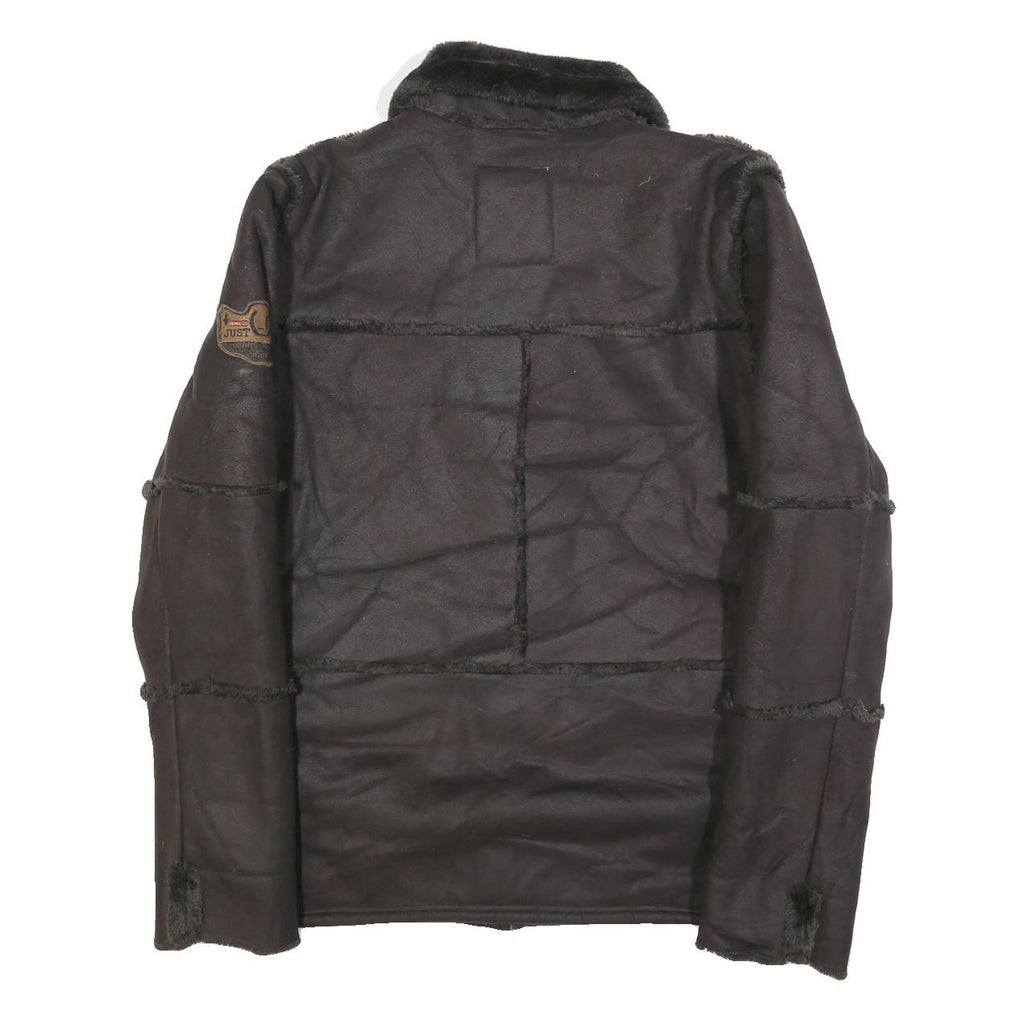 JUST WIN Womens Black Button Jacket L Polyester Blend Faux Shearling Warm