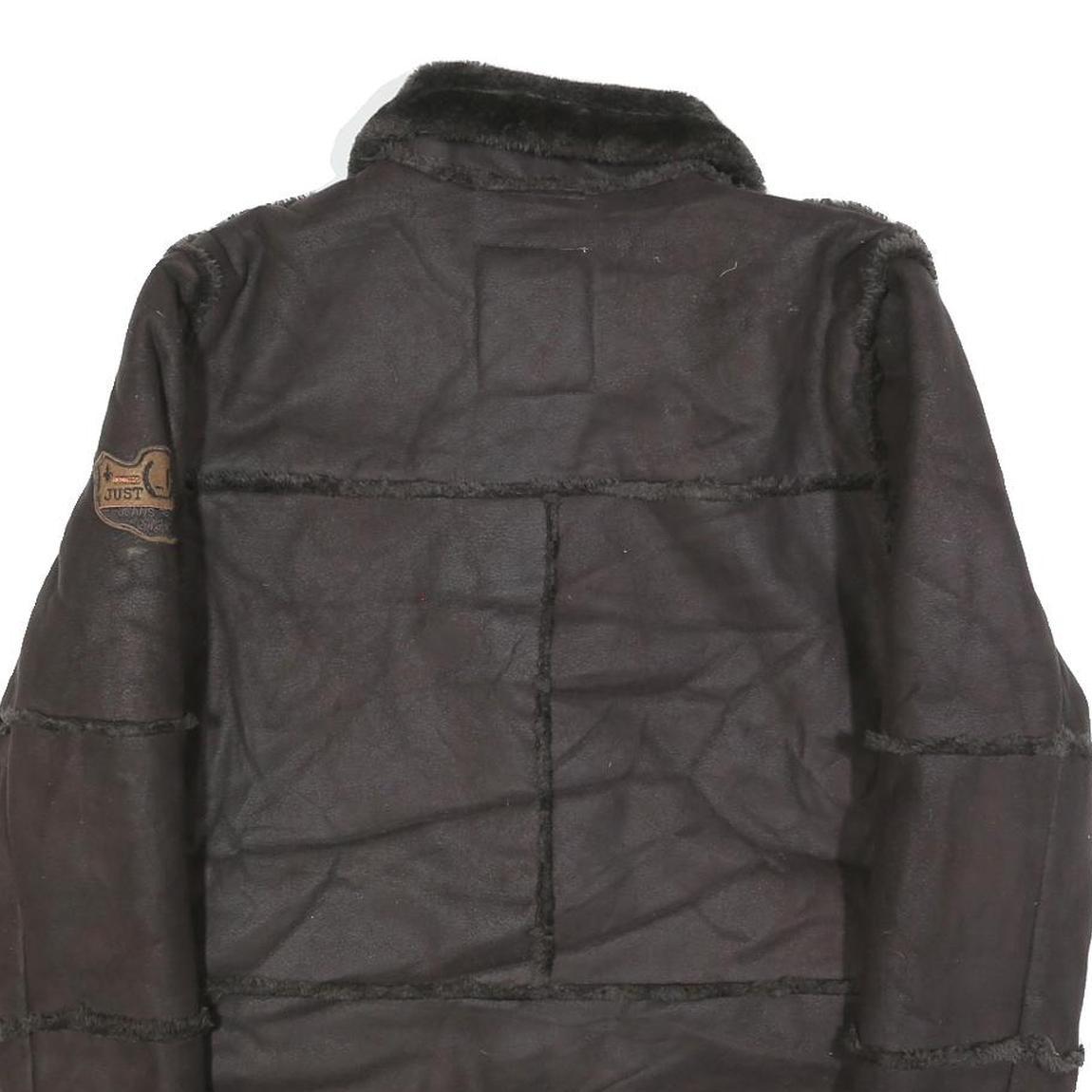 JUST WIN Womens Black Button Jacket L Polyester Blend Faux Shearling Warm