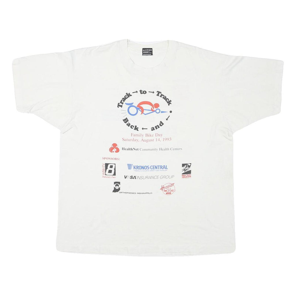 HANES Mens White Family Bike Day XL Short Sleeve Round Neck Printed T-Shirt