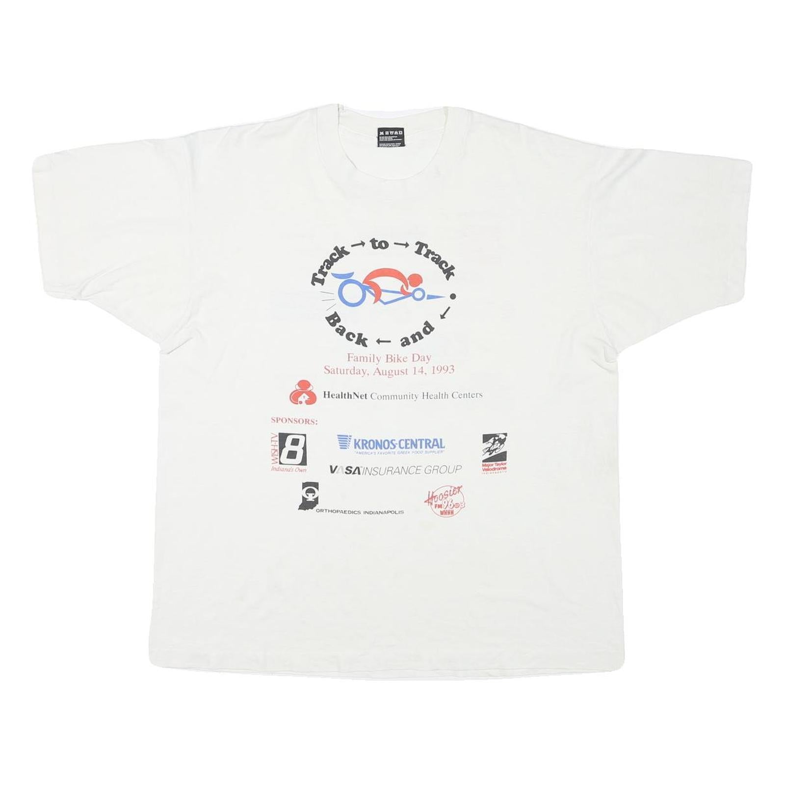 HANES Mens White Family Bike Day XL Short Sleeve Round Neck Printed T-Shirt