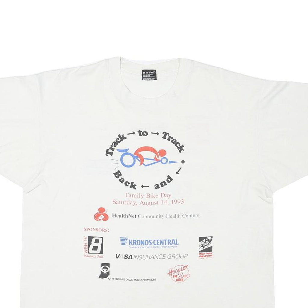 HANES Mens White Family Bike Day XL Short Sleeve Round Neck Printed T-Shirt