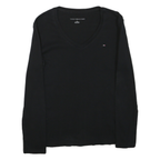 TOMMY HILFIGER Womens Black V-Neck Long Sleeve T-Shirt S Cotton Blend Classic