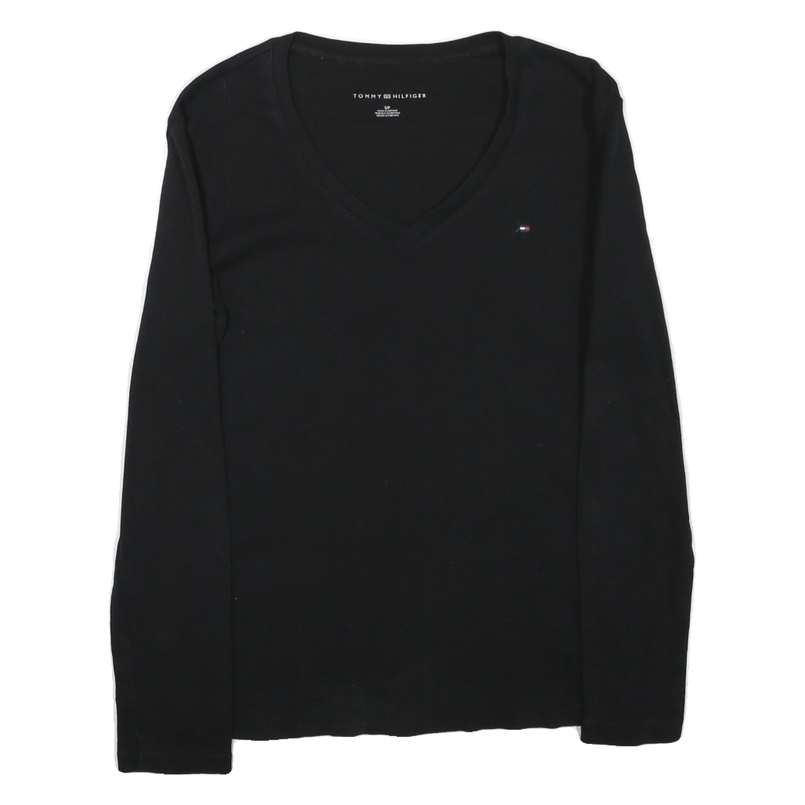 TOMMY HILFIGER Womens Black V-Neck Long Sleeve T-Shirt S Cotton Blend Classic