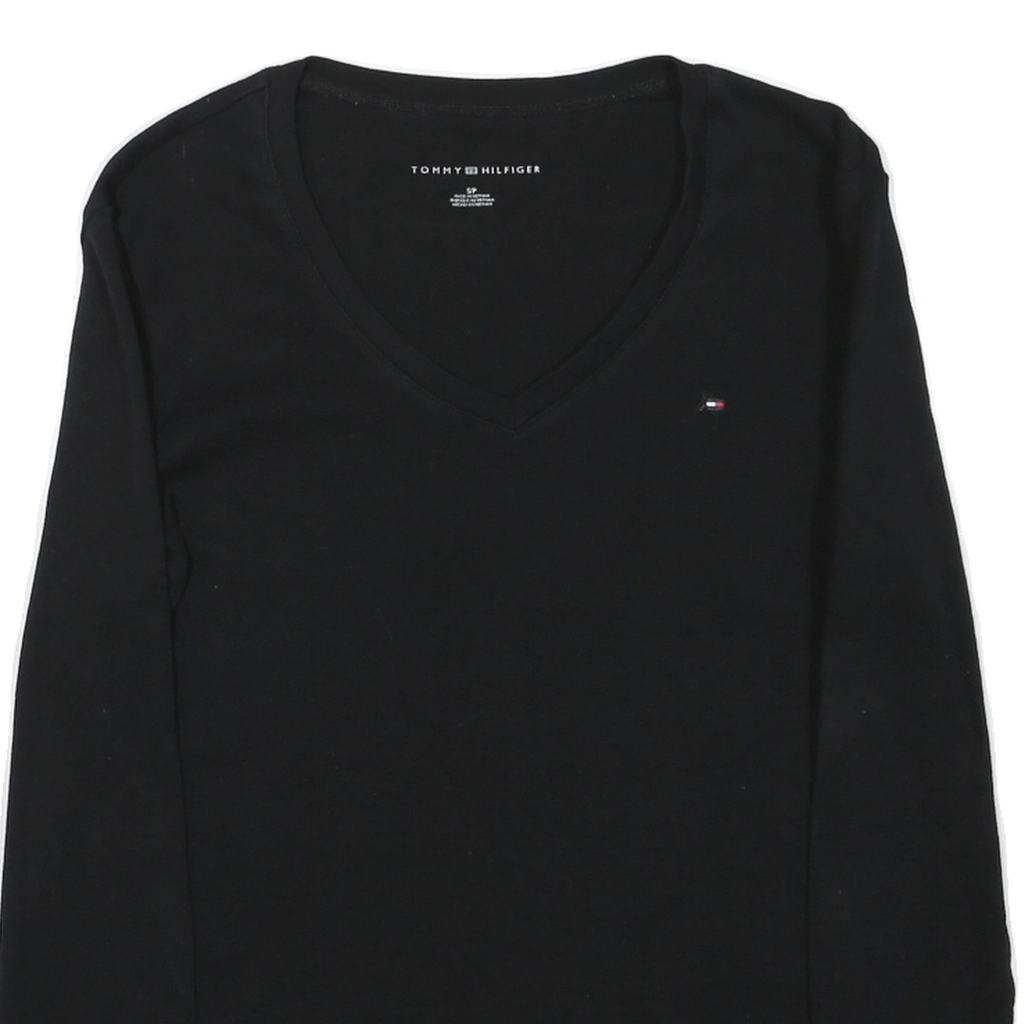 TOMMY HILFIGER Womens Black V-Neck Long Sleeve T-Shirt S Cotton Blend Classic
