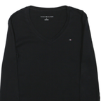 TOMMY HILFIGER Womens Black V-Neck Long Sleeve T-Shirt S Cotton Blend Classic