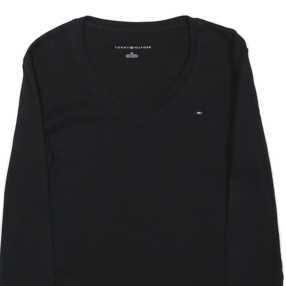 TOMMY HILFIGER Womens Black V-Neck Long Sleeve T-Shirt S Cotton Blend Classic