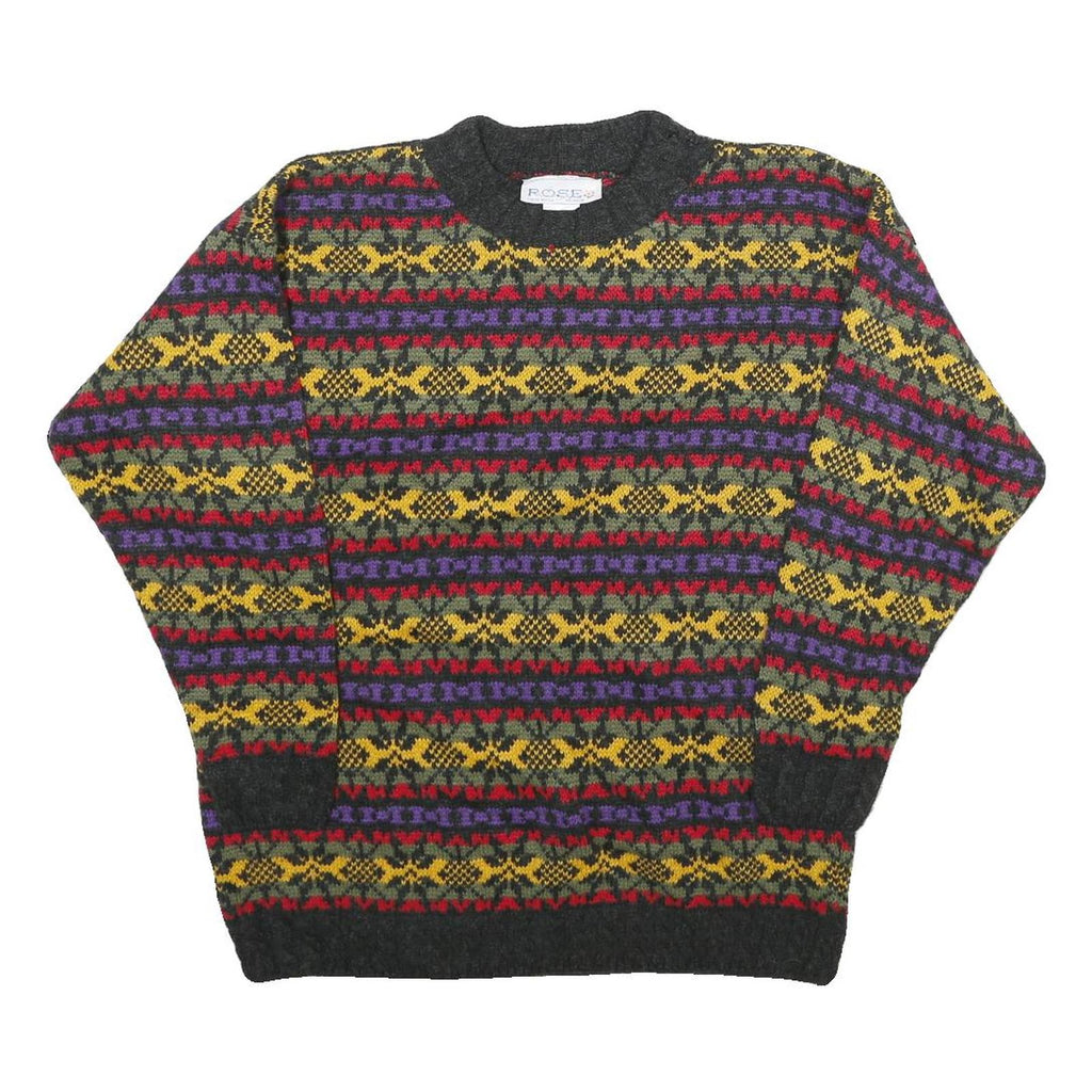 ROSE Womens Grey Yellow Red Purple Patterned Jumper Round Neck Chunky Knit M