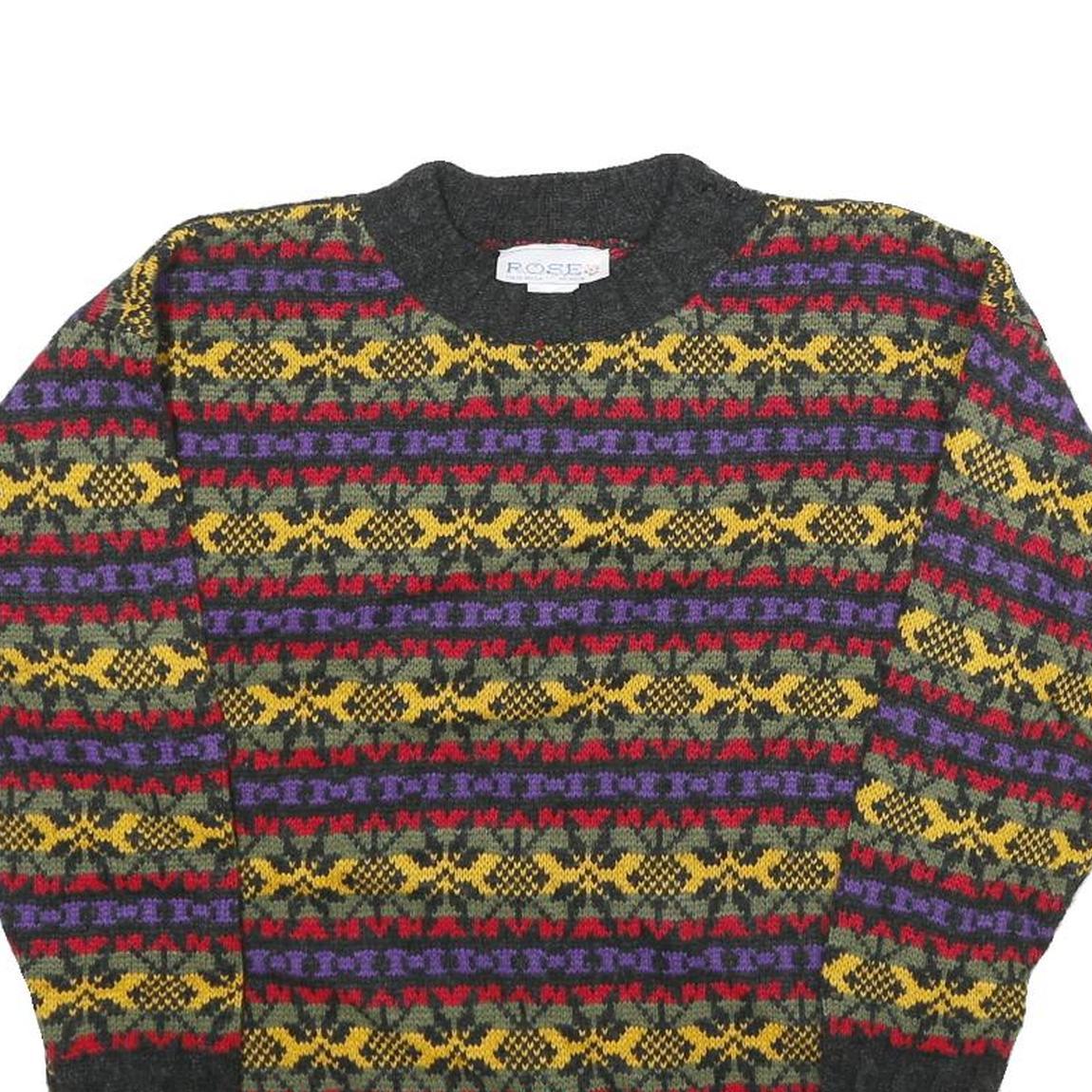 ROSE Womens Grey Yellow Red Purple Patterned Jumper Round Neck Chunky Knit M
