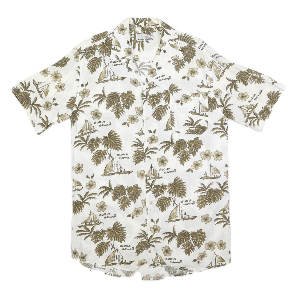 WORLD OF BASIC Mens White & Brown Hawaiian Shirt S Summer Casual Cotton Blend