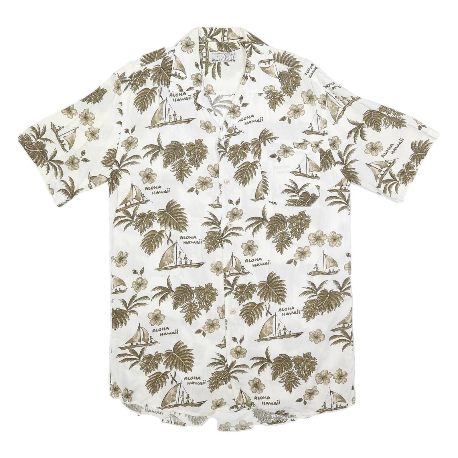 WORLD OF BASIC Mens White & Brown Hawaiian Shirt S Summer Casual Cotton Blend
