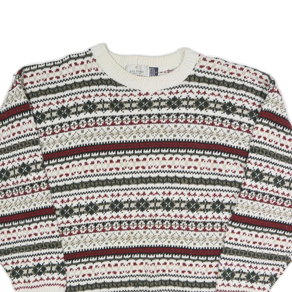 BILL BLASS Mens Cream Patterned Crew Neck Basic Knit Jumper L Cotton Casual Warm