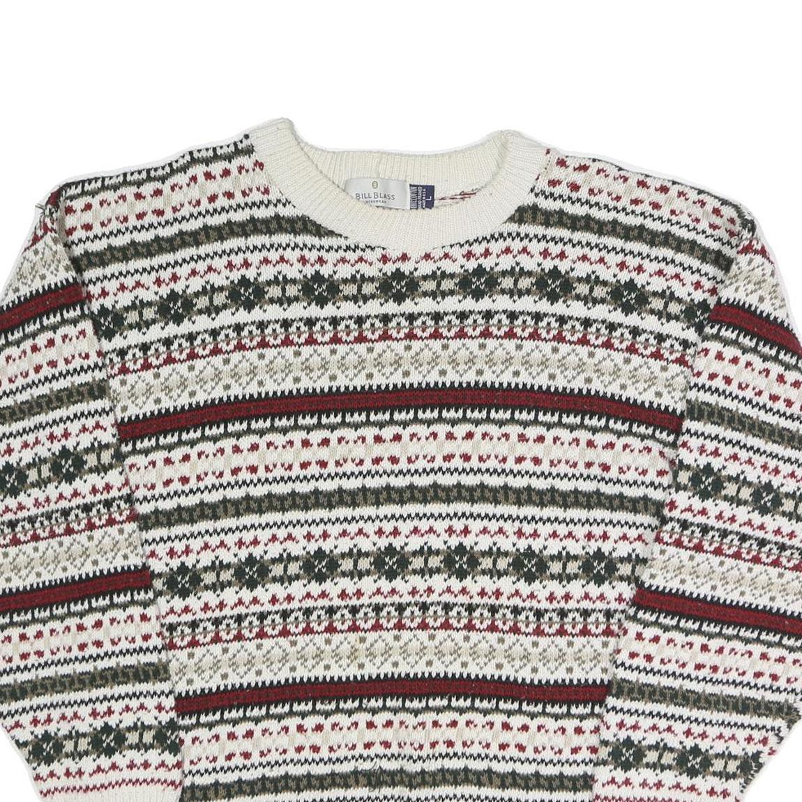 BILL BLASS Mens Cream Patterned Crew Neck Basic Knit Jumper L Cotton Casual Warm