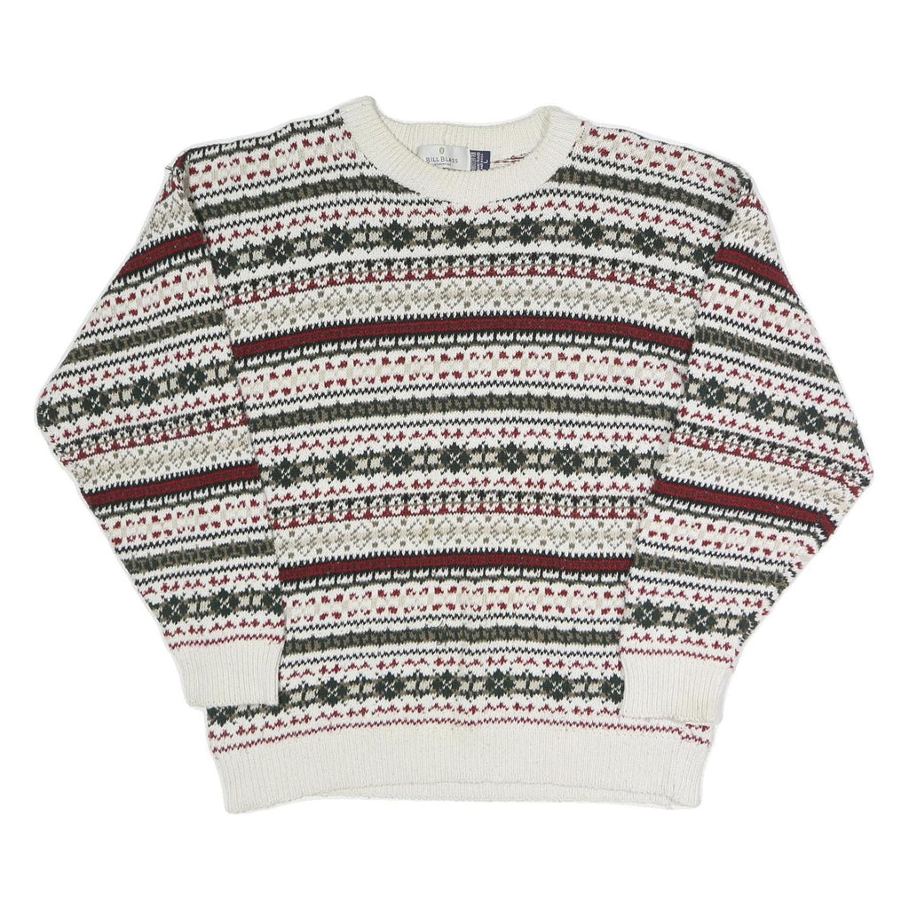 BILL BLASS Mens Cream Patterned Crew Neck Basic Knit Jumper L Cotton Casual Warm
