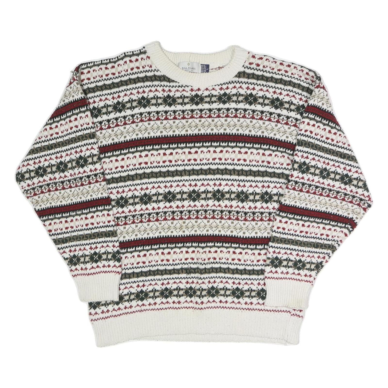 BILL BLASS Mens Cream Patterned Crew Neck Basic Knit Jumper L Cotton Casual Warm