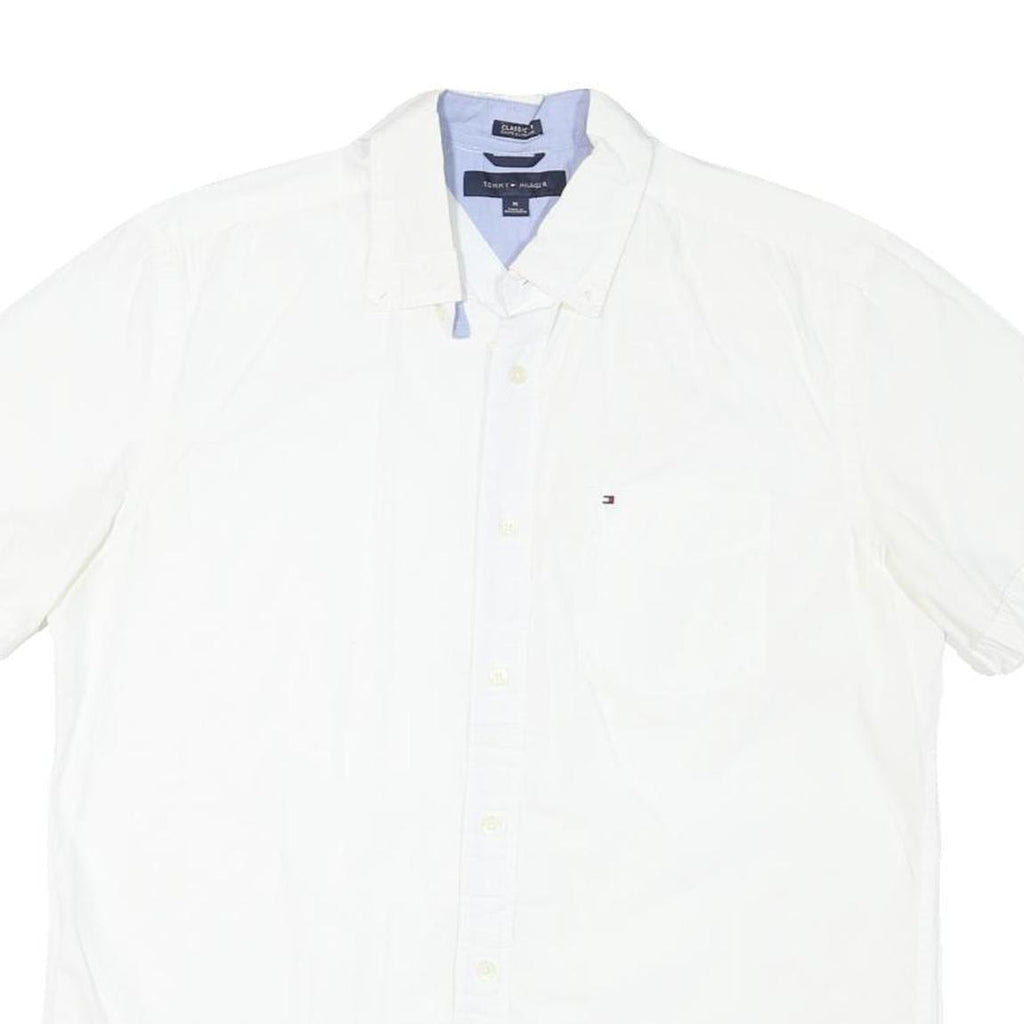 TOMMY HILFIGER Mens White Cotton Blend Short Sleeve Shirt M Classic Button Down
