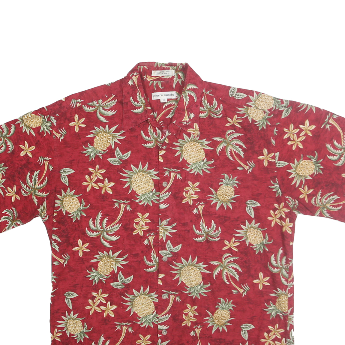 PIERRE CARDIN Mens Red Pineapple Floral Print Shirt M Summer Casual Cotton