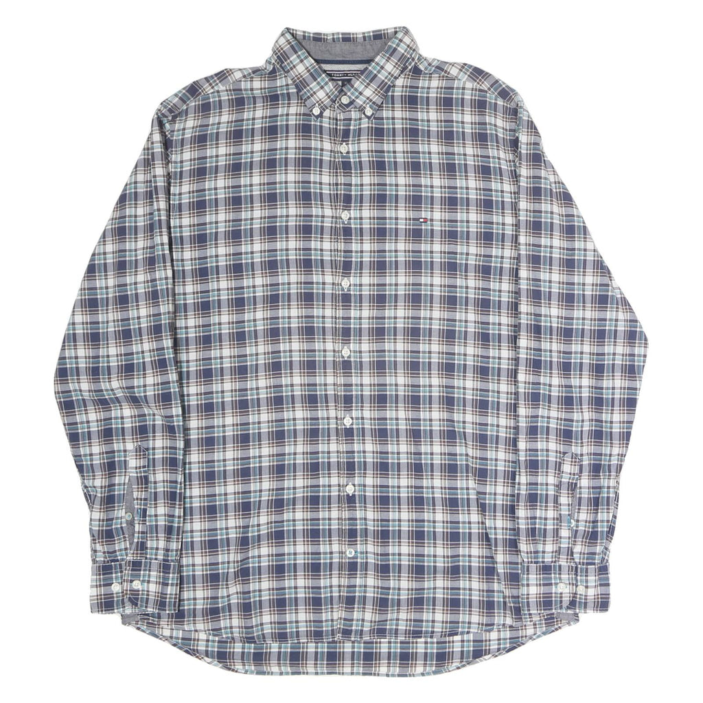 TOMMY HILFIGER Mens Blue & Brown Check Shirt XL Button Down Casual Cotton