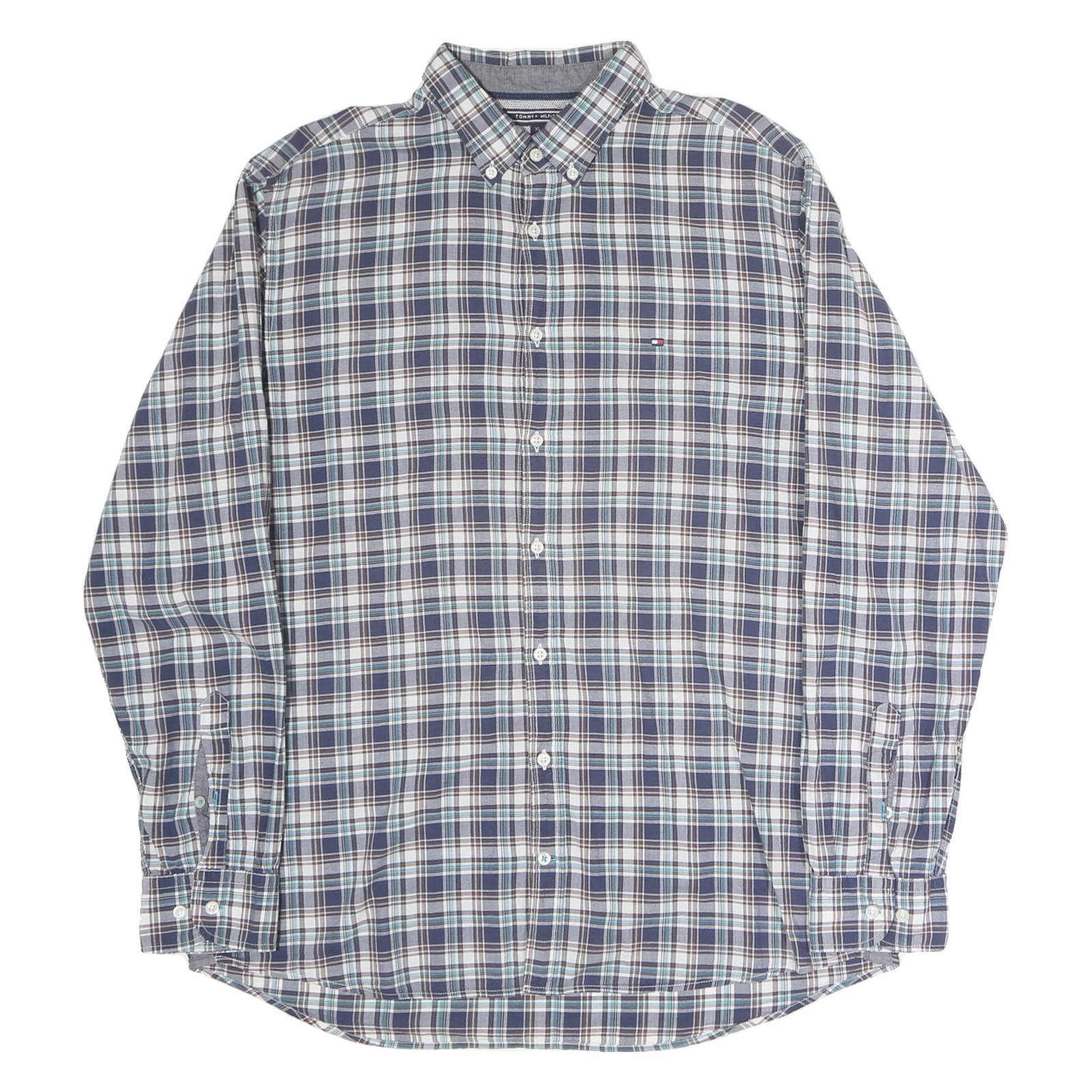 TOMMY HILFIGER Mens Blue & Brown Check Shirt XL Button Down Casual Cotton