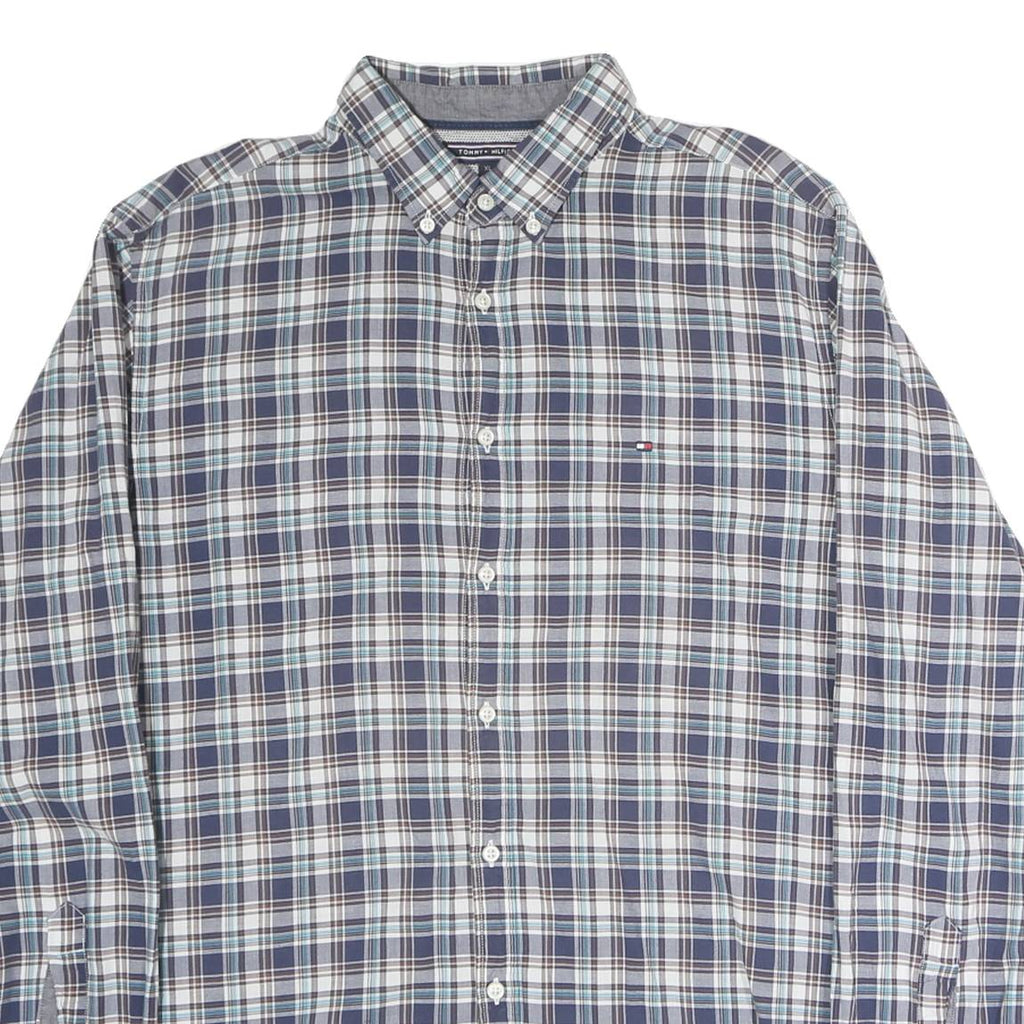 TOMMY HILFIGER Mens Blue & Brown Check Shirt XL Button Down Casual Cotton