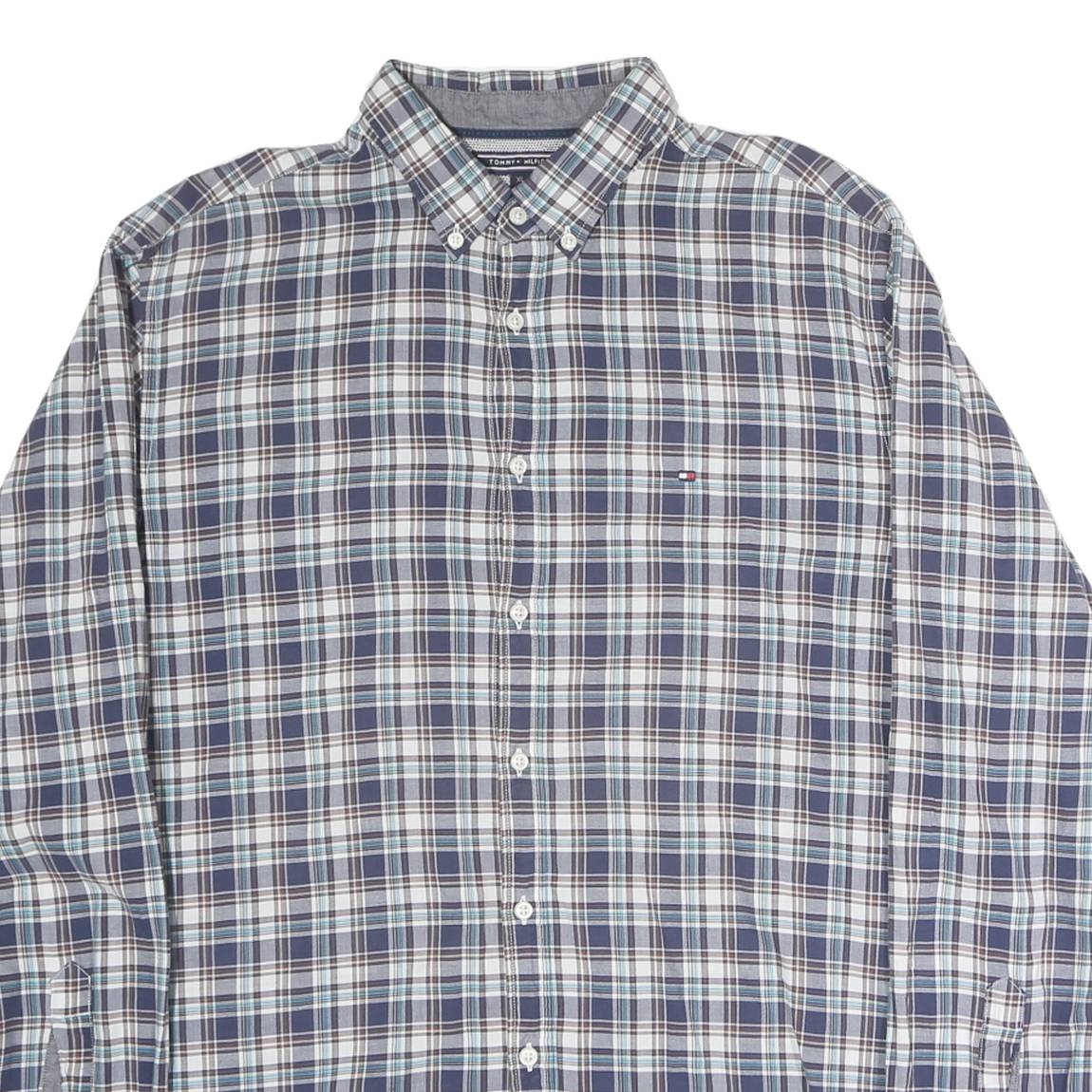 TOMMY HILFIGER Mens Blue & Brown Check Shirt XL Button Down Casual Cotton