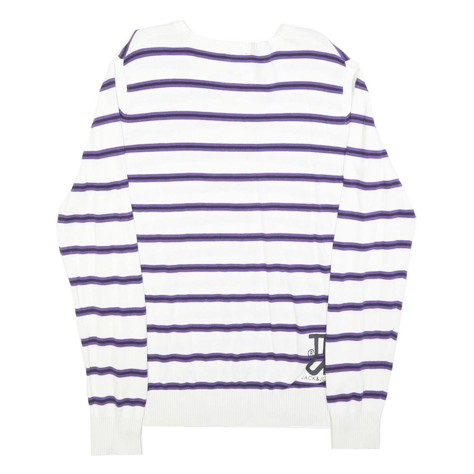 JACK & JONES Mens White & Purple Striped Pattern V-Neck Basic Knit Jumper S