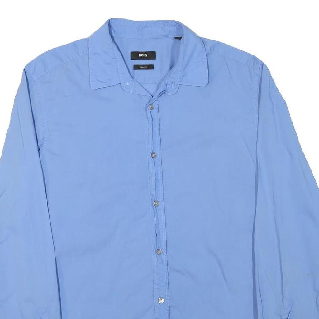 HUGO BOSS Mens Blue Plain Shirt M Classic Cotton Blend Long Sleeve Button Collar
