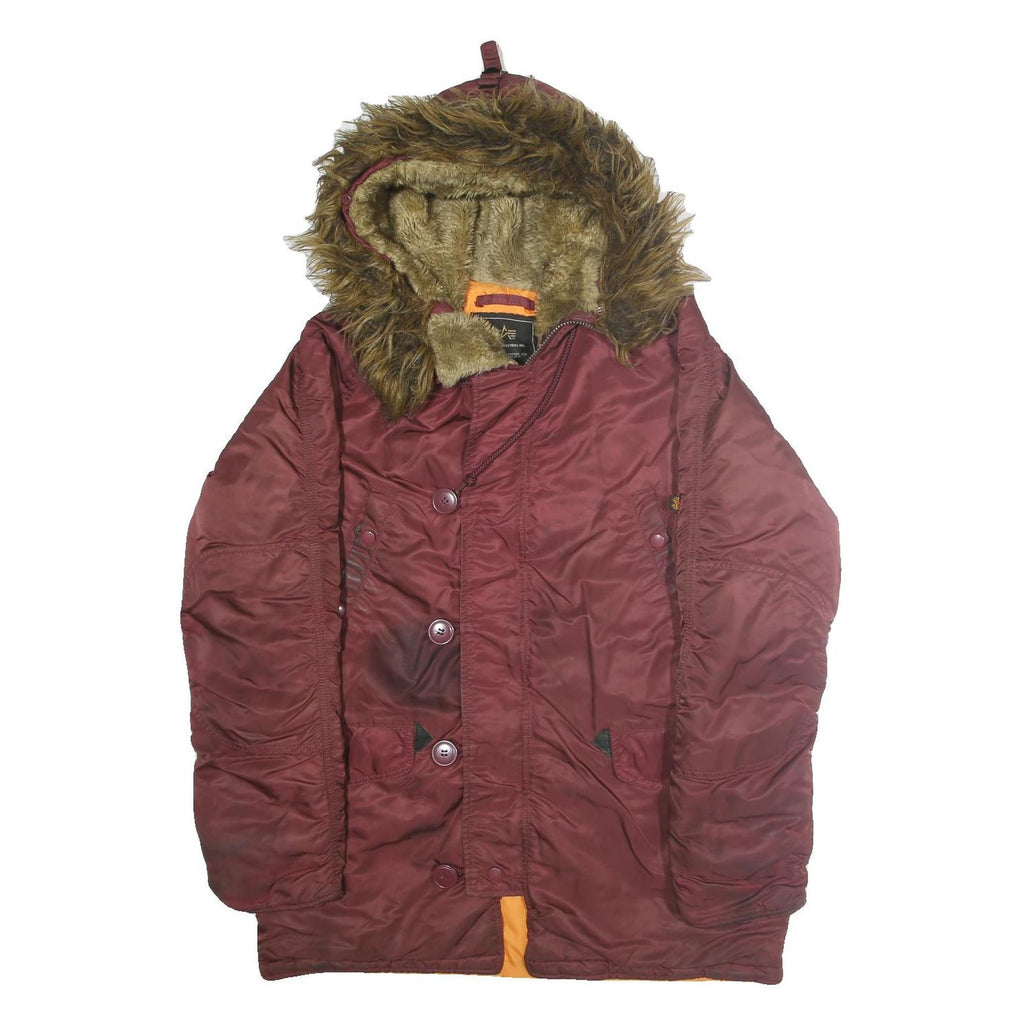 ALPHA INDUSTRIES Mens Maroon Nylon Outdoor Jacket M Fur Hood Zip Shell Warm