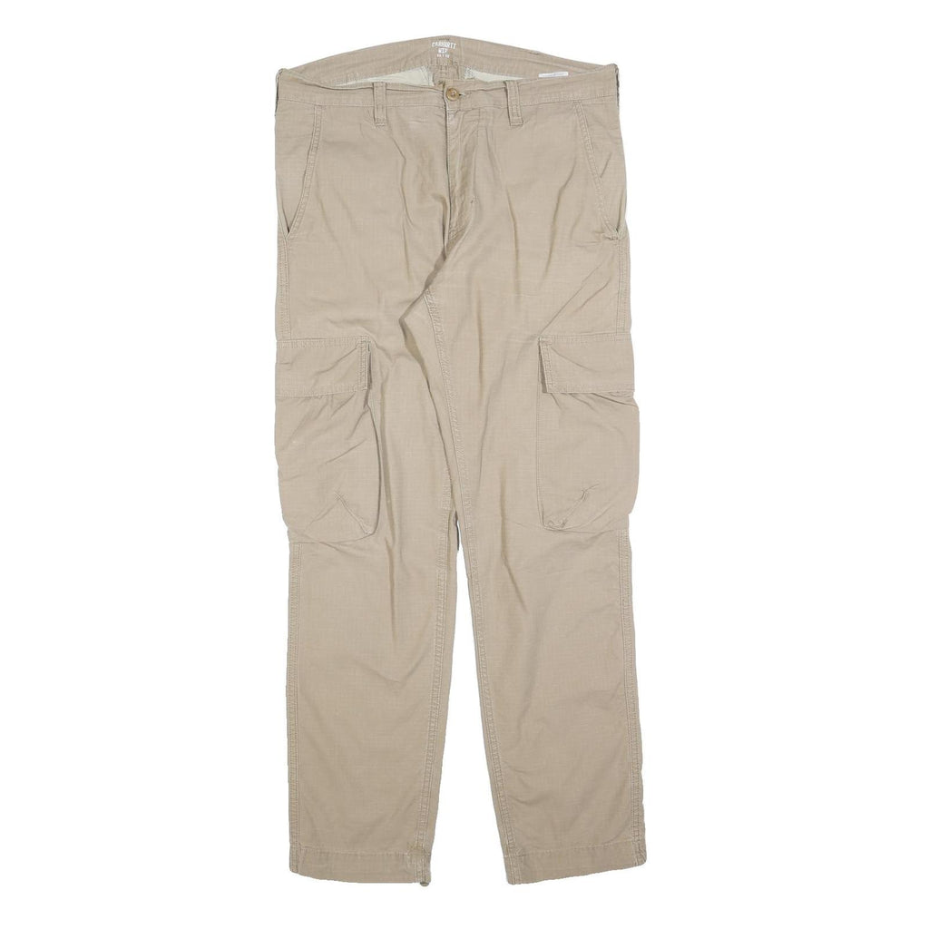 CARHARTT Mens Cotton Blend Beige Relaxed Cargo Trousers W35 L32 Workwear Zip