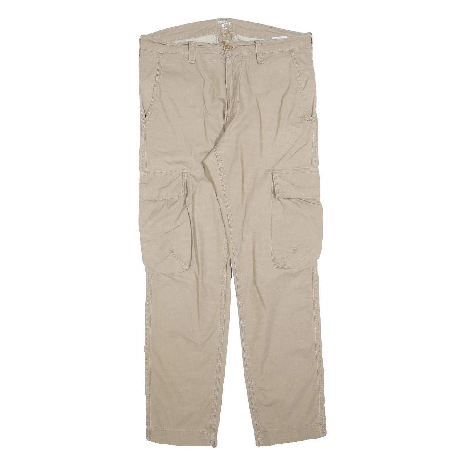 CARHARTT Mens Cotton Blend Beige Relaxed Cargo Trousers W35 L32 Workwear Zip