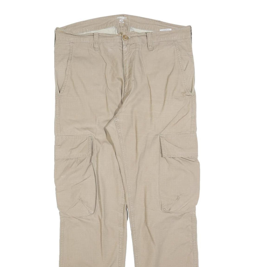 CARHARTT Mens Cotton Blend Beige Relaxed Cargo Trousers W35 L32 Workwear Zip