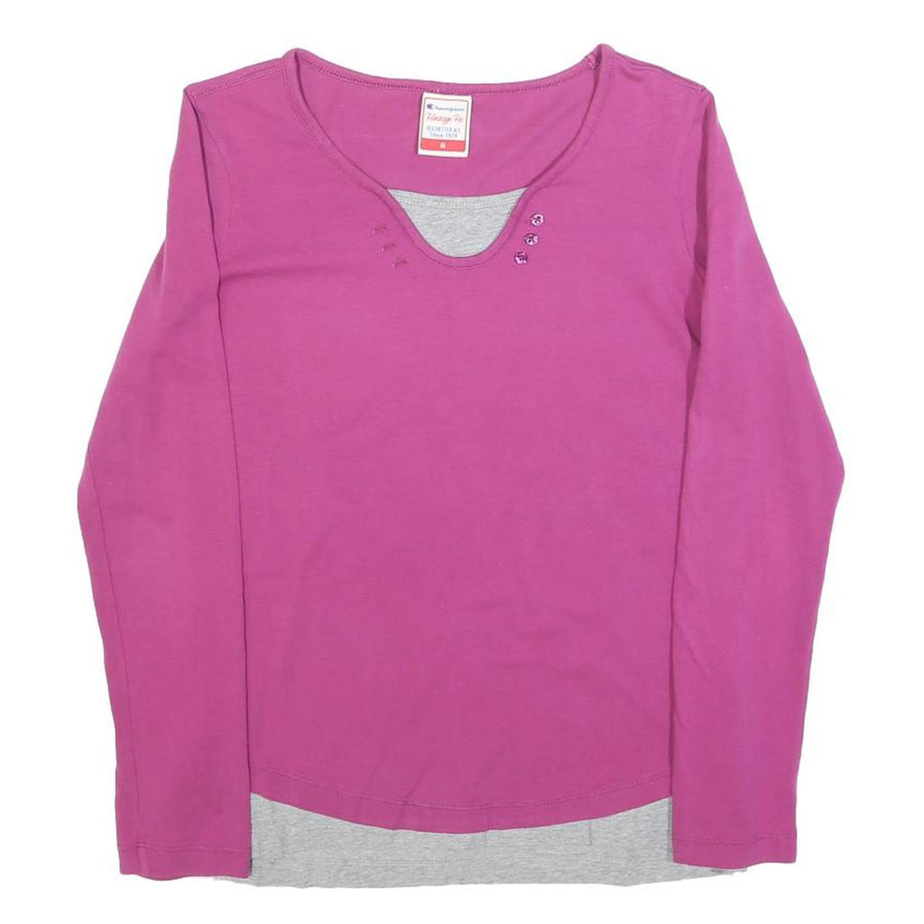 CHAMPION Womens Pink & Grey Cotton Blend Long Sleeve V-Neck Top M Layered Look