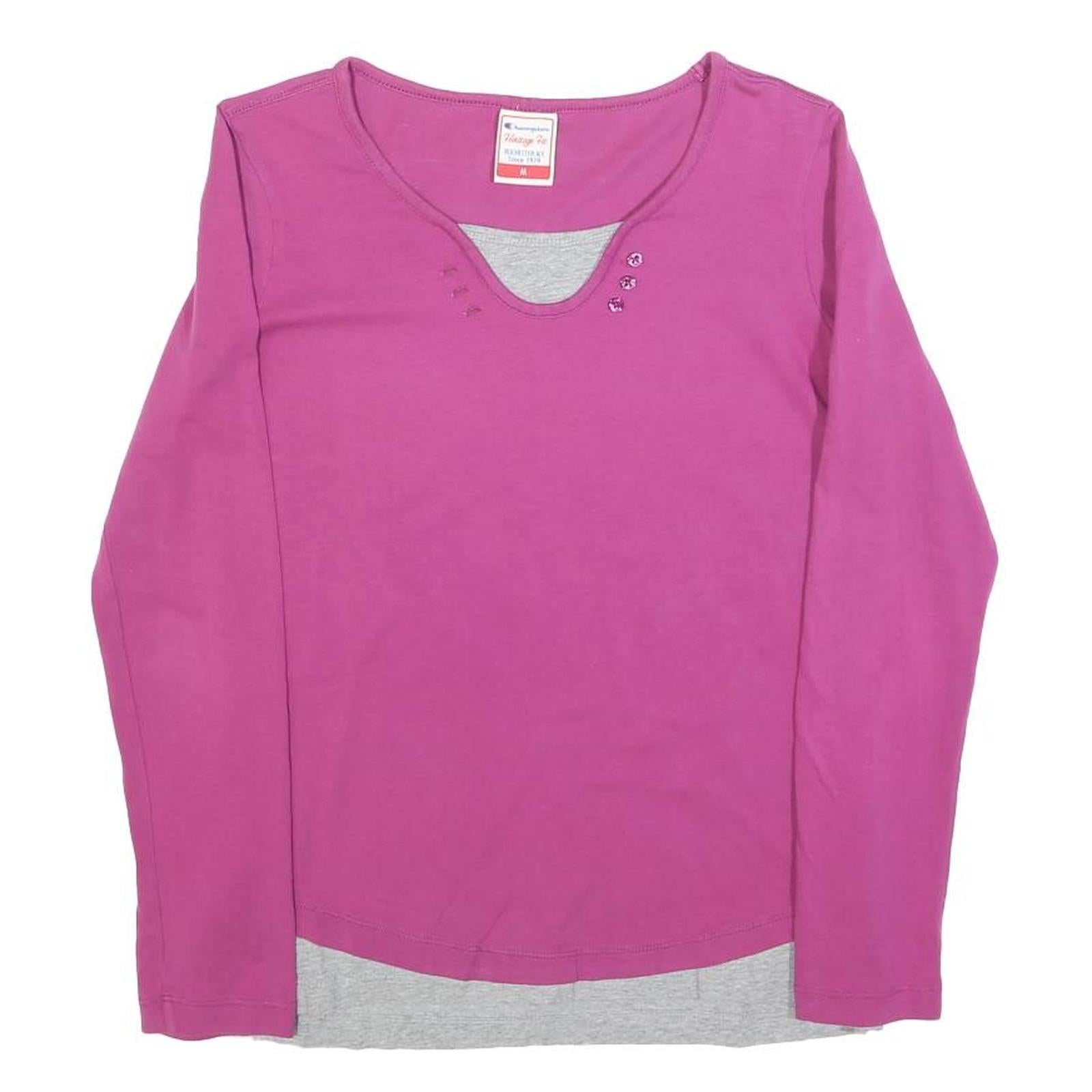 CHAMPION Womens Pink & Grey Cotton Blend Long Sleeve V-Neck Top M Layered Look