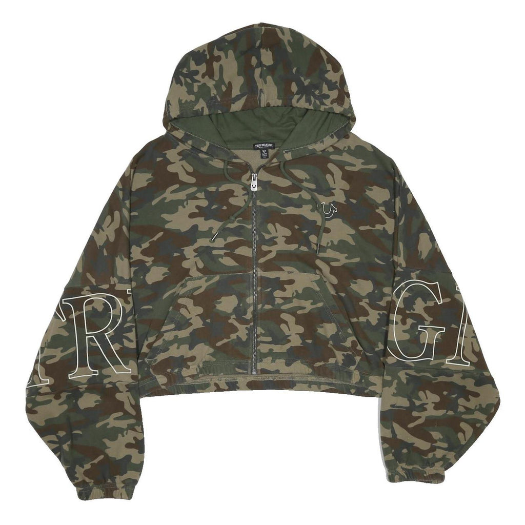 TRUE RELIGION Womens Green & Brown Camouflage Full Zip Hoodie XL Relaxed Fit