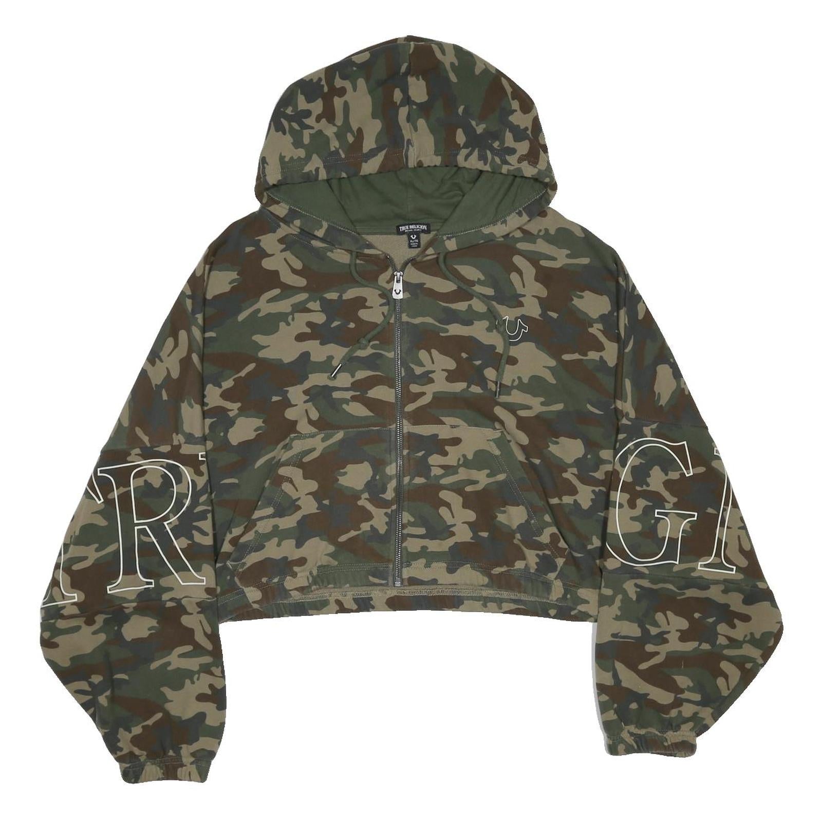 TRUE RELIGION Womens Green & Brown Camouflage Full Zip Hoodie XL Relaxed Fit
