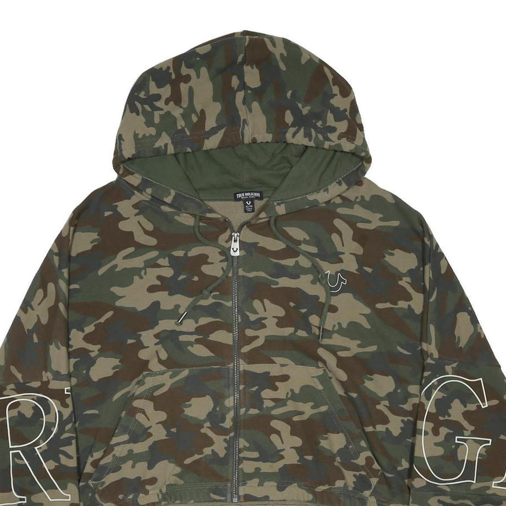 TRUE RELIGION Womens Green & Brown Camouflage Full Zip Hoodie XL Relaxed Fit