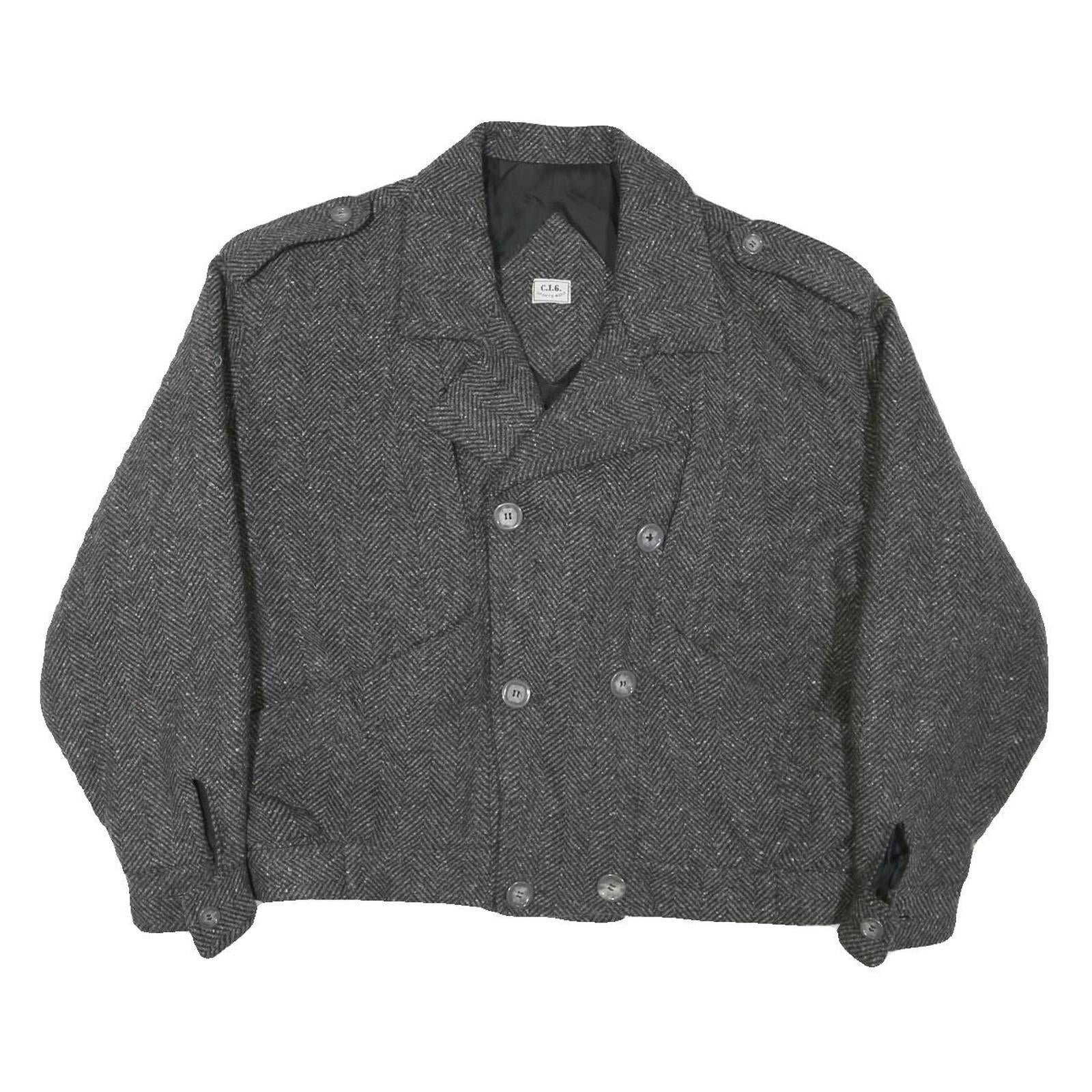 C.I.G Mens Grey Herringbone Double Breasted Jacket L Cotton Blend Button Closure