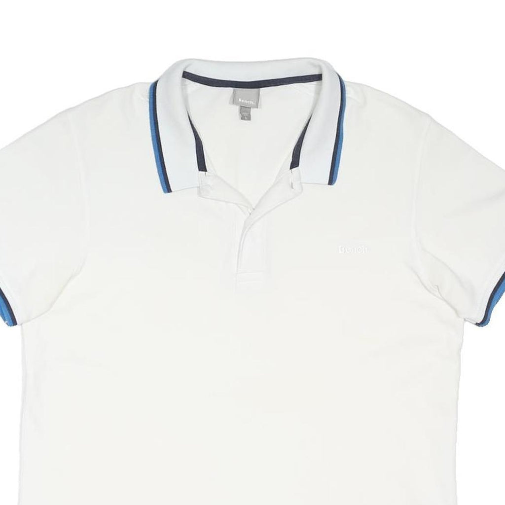BENCH Mens White & Blue Short Sleeve Polo Shirt M Cotton Blend Casual