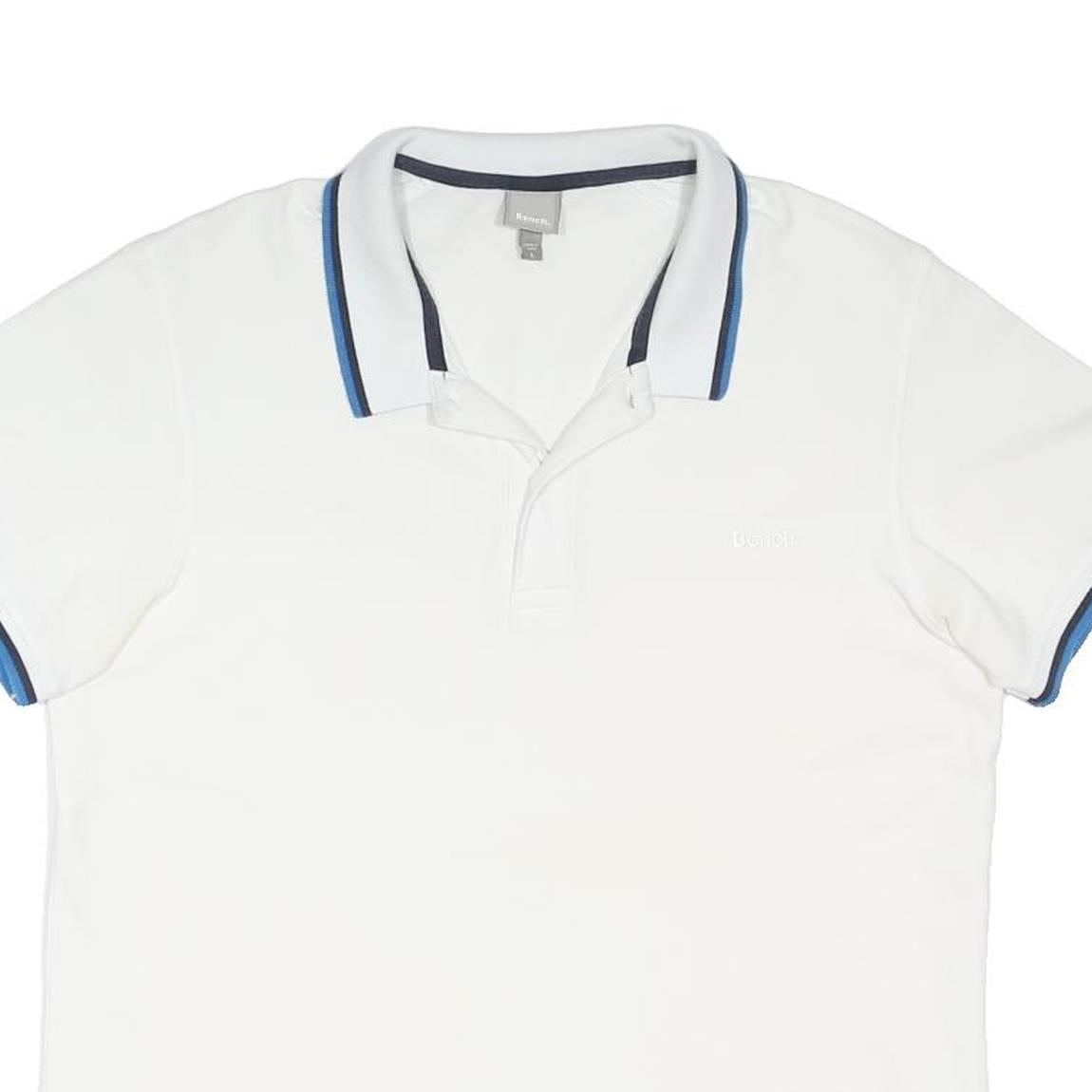 BENCH Mens White & Blue Short Sleeve Polo Shirt M Cotton Blend Casual