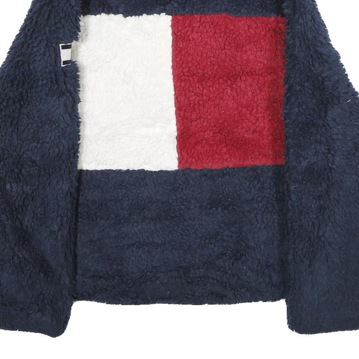 TOMMY HILFIGER Womens Navy Blue Red White Teddy Fleece Jacket M Polyester Zip