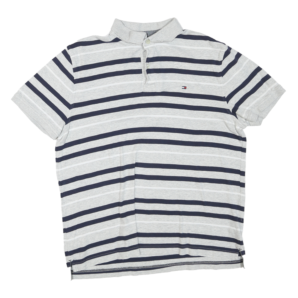TOMMY HILFIGER Mens Grey & Navy Striped Short Sleeve Polo Shirt M Cotton Blend