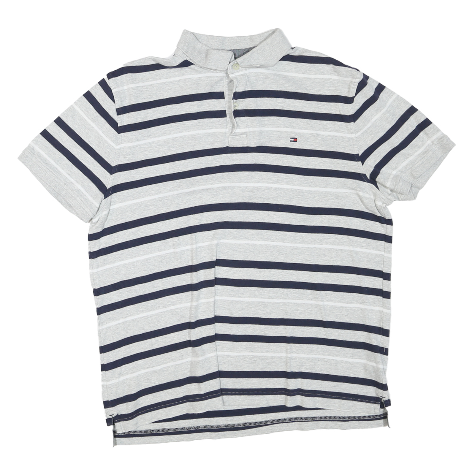 TOMMY HILFIGER Mens Grey & Navy Striped Short Sleeve Polo Shirt M Cotton Blend