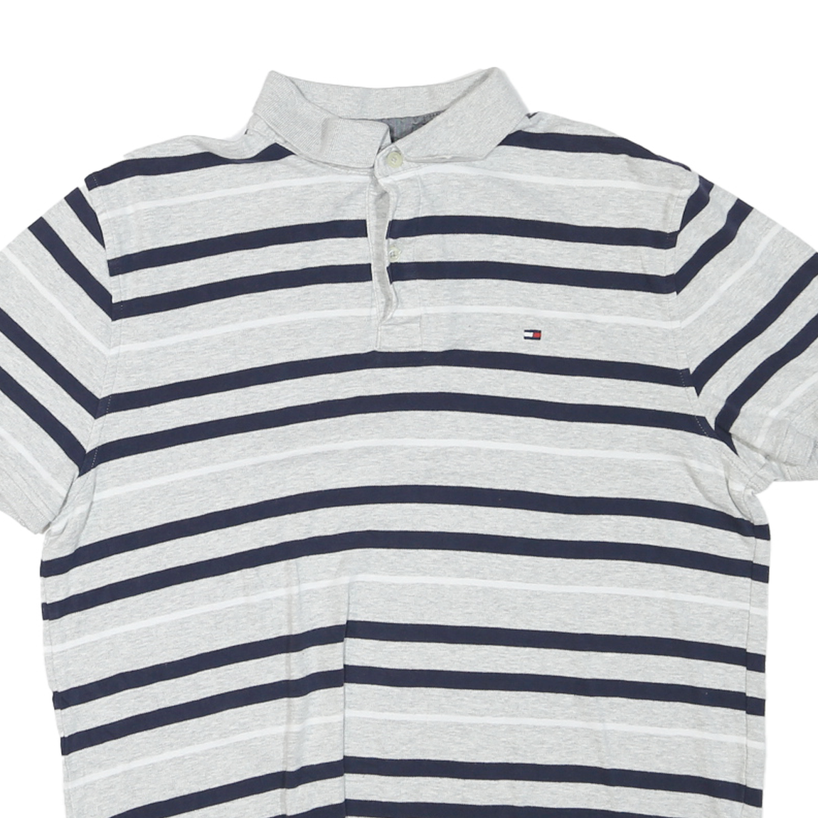 TOMMY HILFIGER Mens Grey & Navy Striped Short Sleeve Polo Shirt M Cotton Blend