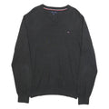 TOMMY HILFIGER Mens Black Plain V-Neck Basic Knit M Cotton Jumper Classic Fit